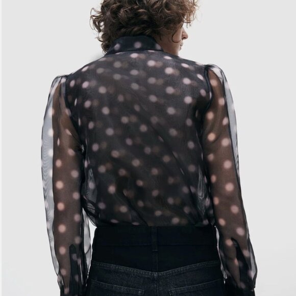 EUC H&M Studio Black Pink Organza Polka Dot Blouse with Puffed sleeves - Picture 5 of 12
